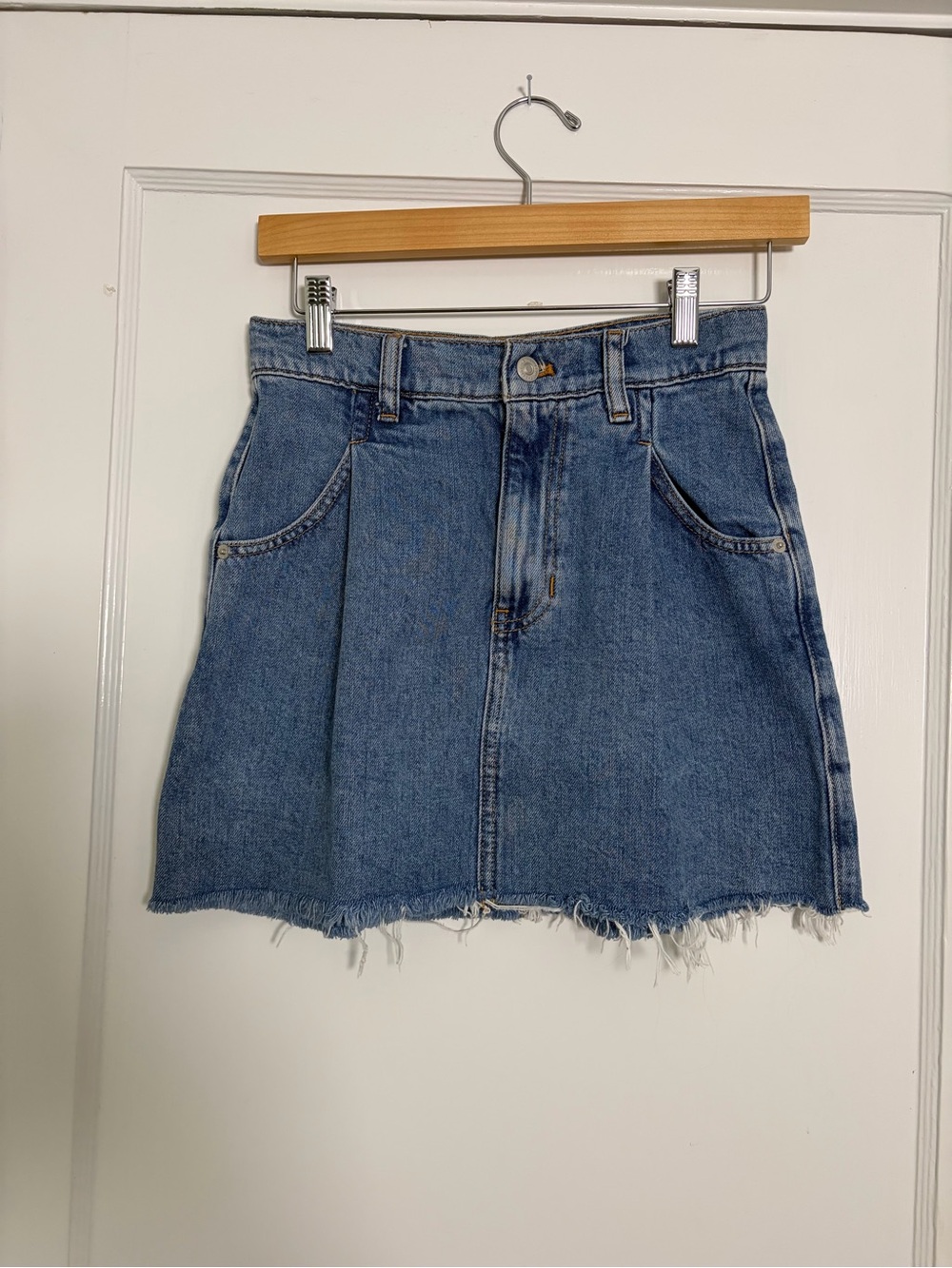 We The Free Washed Blue Denim Mini Skirt with Frayed Hem